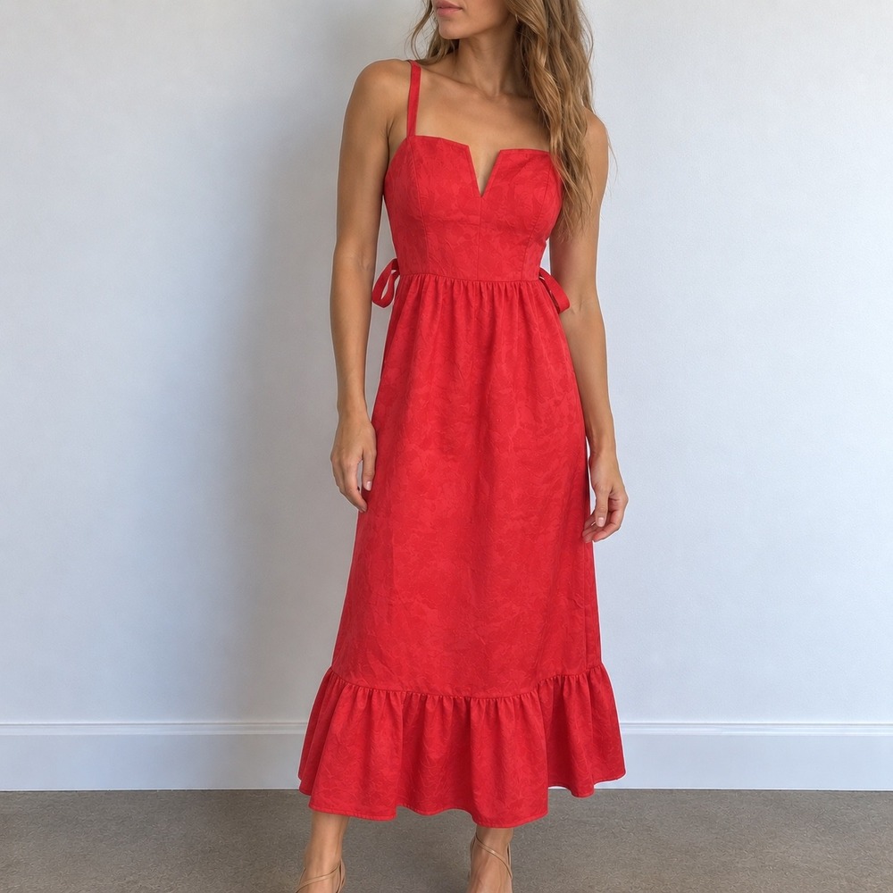 Lulus Major Perfection Red Jacquard Maxi Dress Bow Back Size XS Resort Vacation